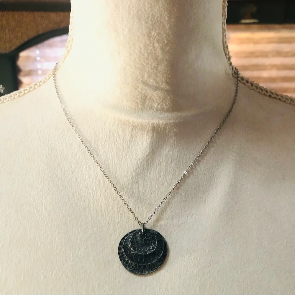 Handcrafted dual layer hammered metal pendant on chain necklace